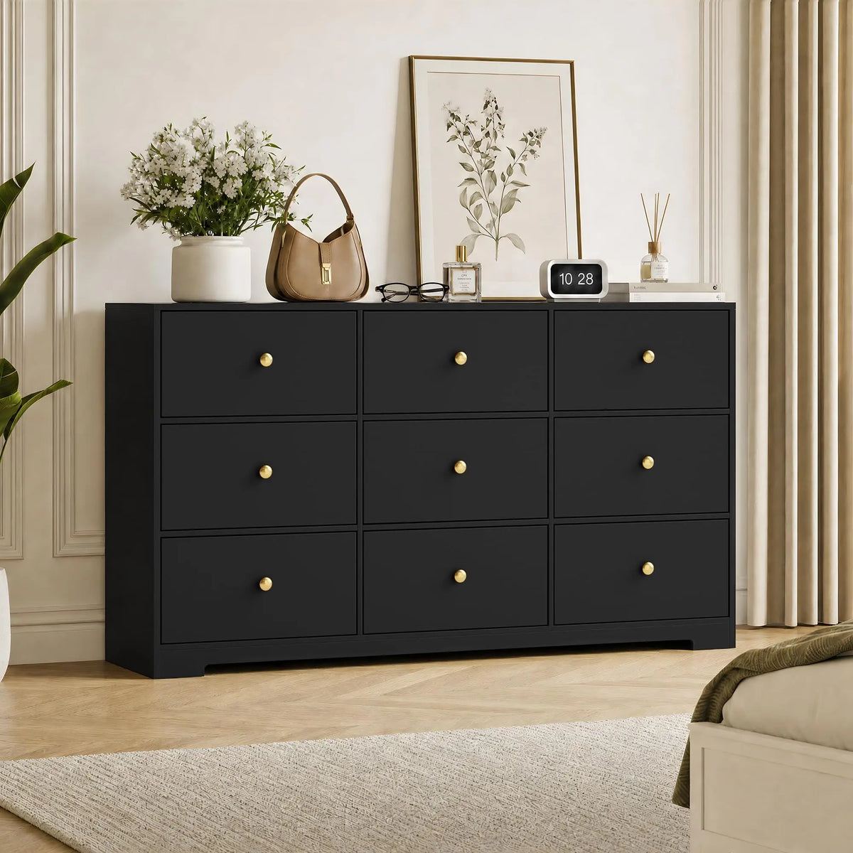 Wide nine-drawer dresser provides modern wood storage with elegant gold handles.