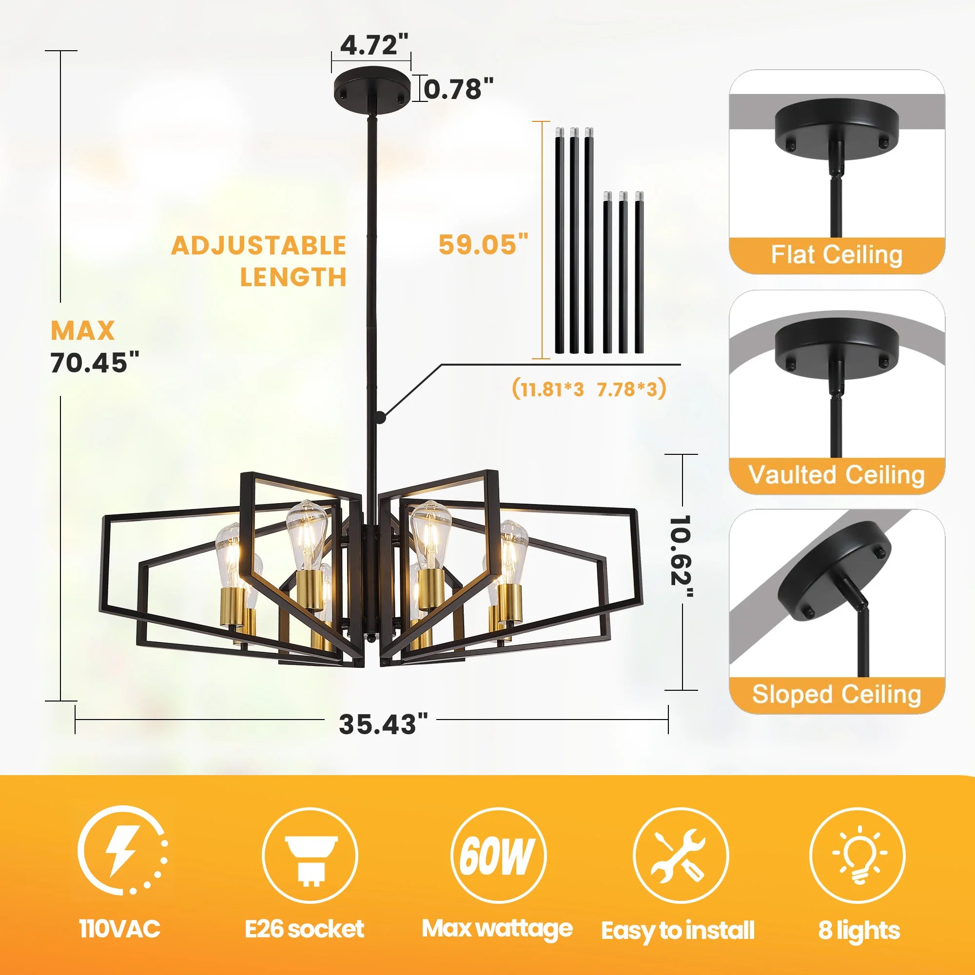 Modern 8-Light Gold and black Geometric Chandelier Adjustable Height Metal Pendant Light