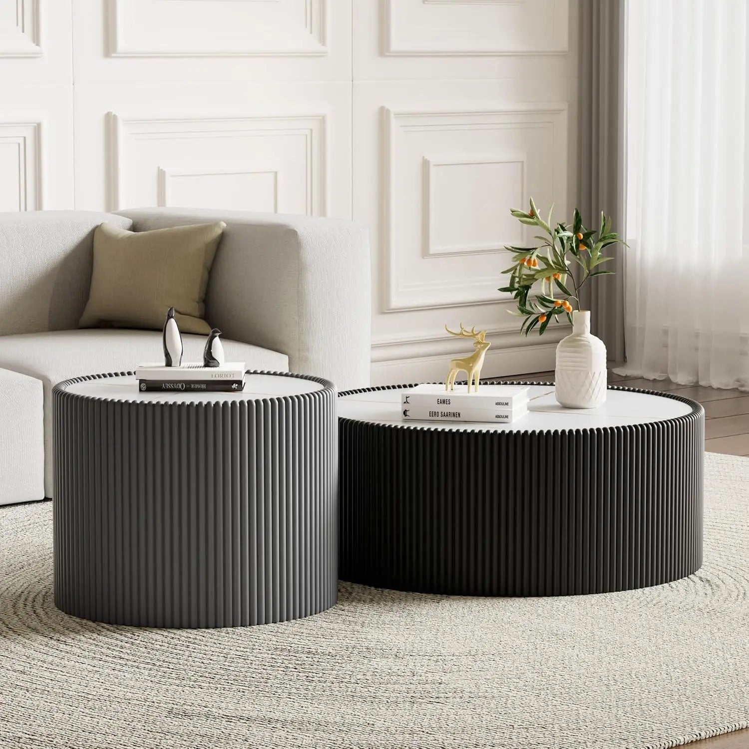 29.52" Grey Round Coffee Table Sintered Stone Top Fluted PU Leather Base