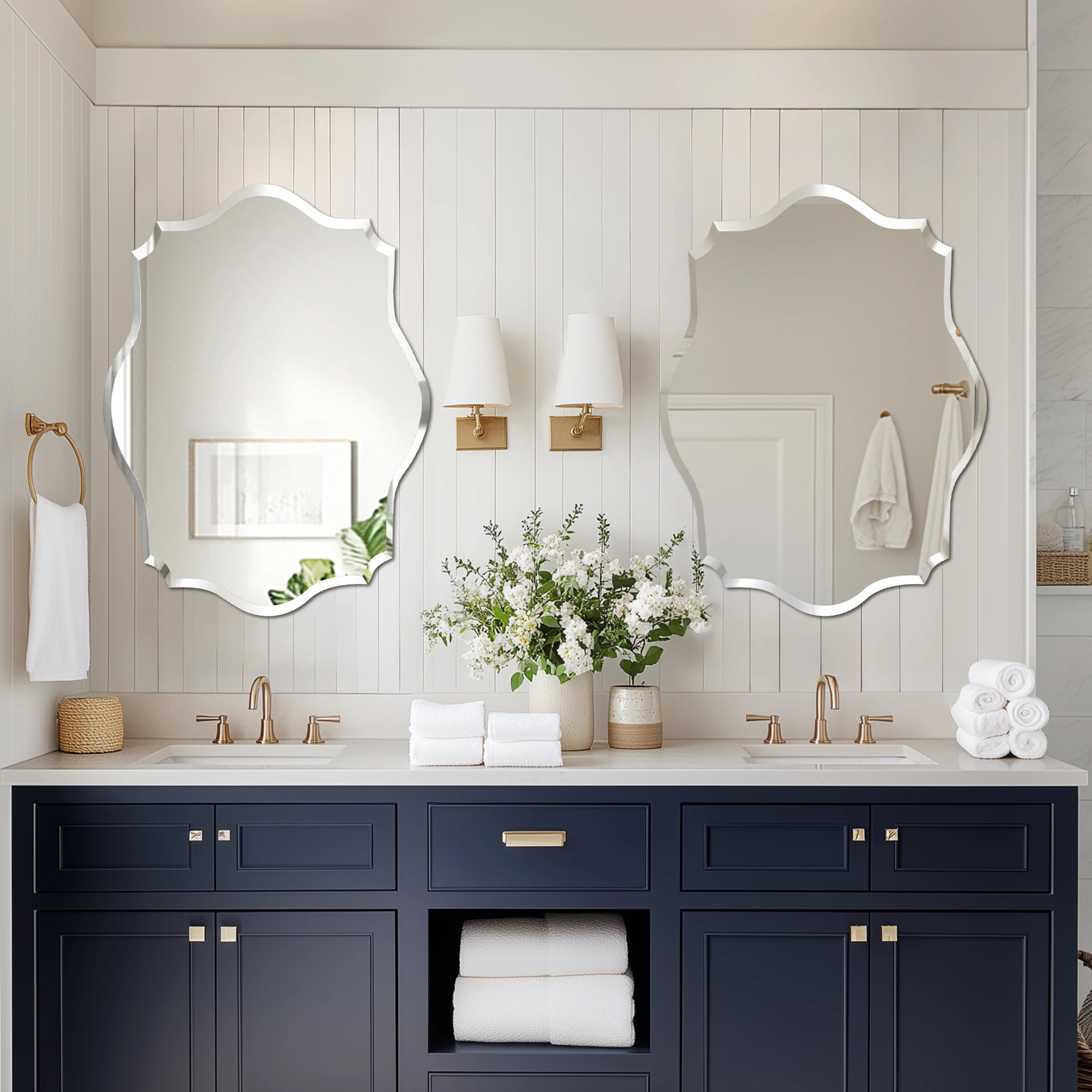 Wall Mirror Scalloped Frameless Beveled Edge Polished