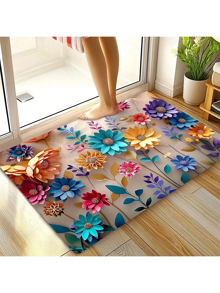 1pc multi-color floral print design bathroom mat, anti-slip, super absorbent and quick-drying shower floor mat,