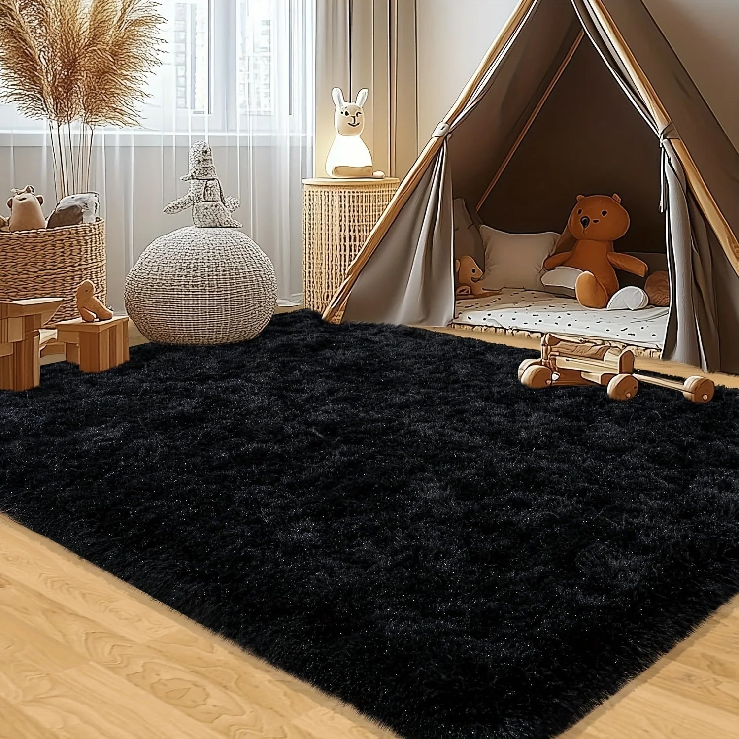 Large plush area rug, decorative rug.