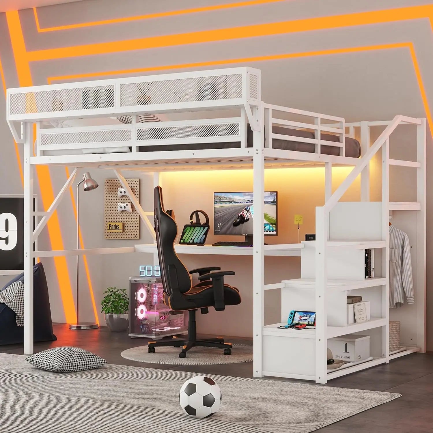 Queen Size Metal Loft Bed Frame With Stairs & Storage,