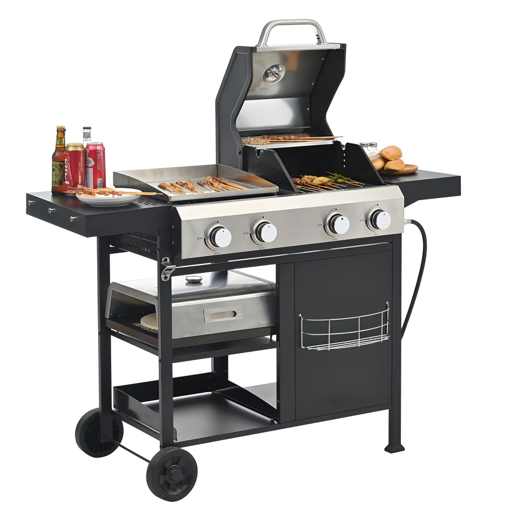 2+2 Burner Propane Gas Grill with Pizza Oven, 4-in-1 Outdoor BBQ Combo with Griddle, Stainless Steel