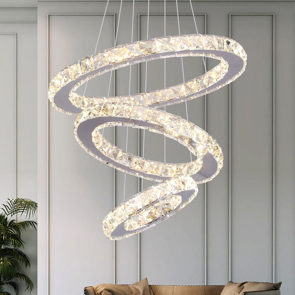 Modern Led Pendant Light Luxury Crystal Rings Dimmable Chandelier