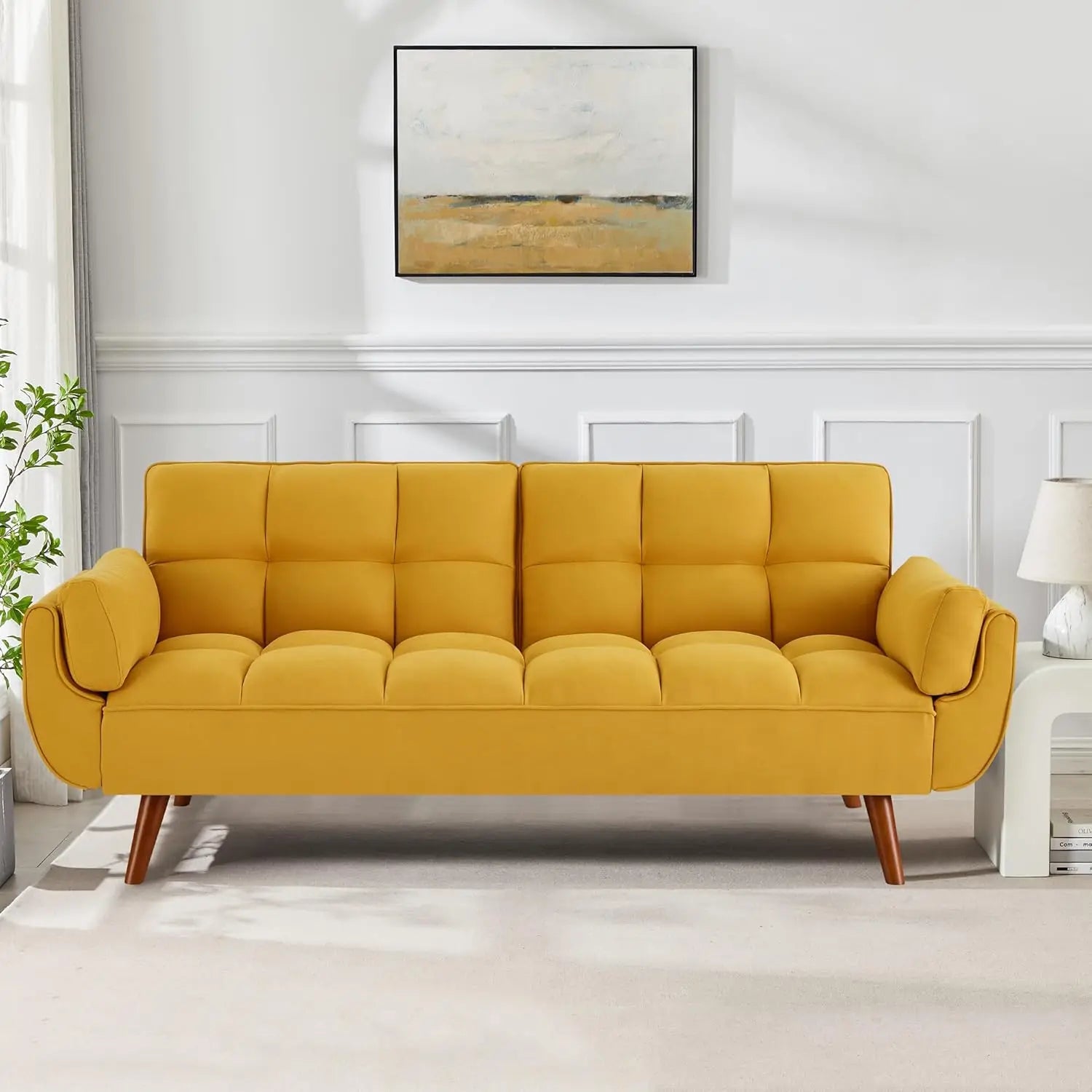 75" Linen Twin Size Futon Sofa Bed. Adjustable Split Backrest