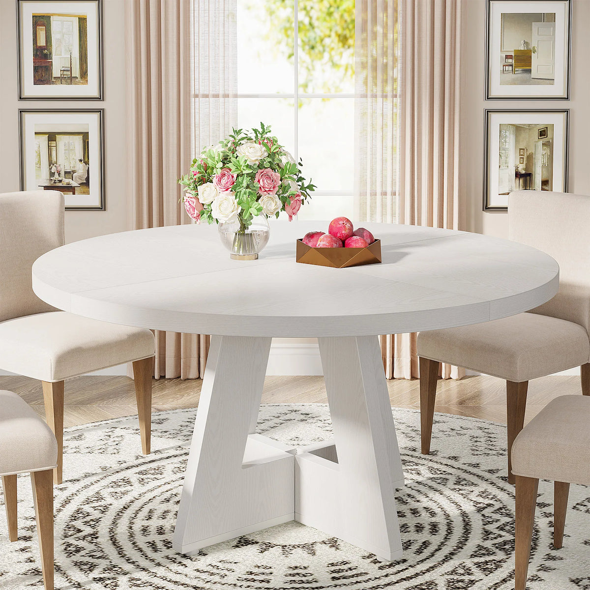 Round Dining Table for 4, 47 Inch Farmhouse Kitchen