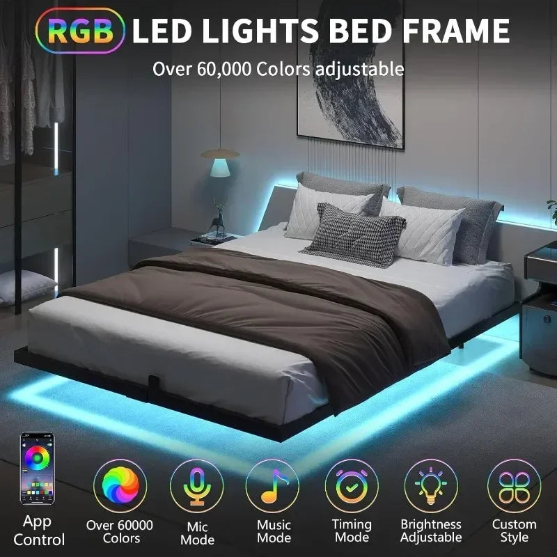 Floating Bed Frame Queen with LED Lights, Modern Metal Platform,