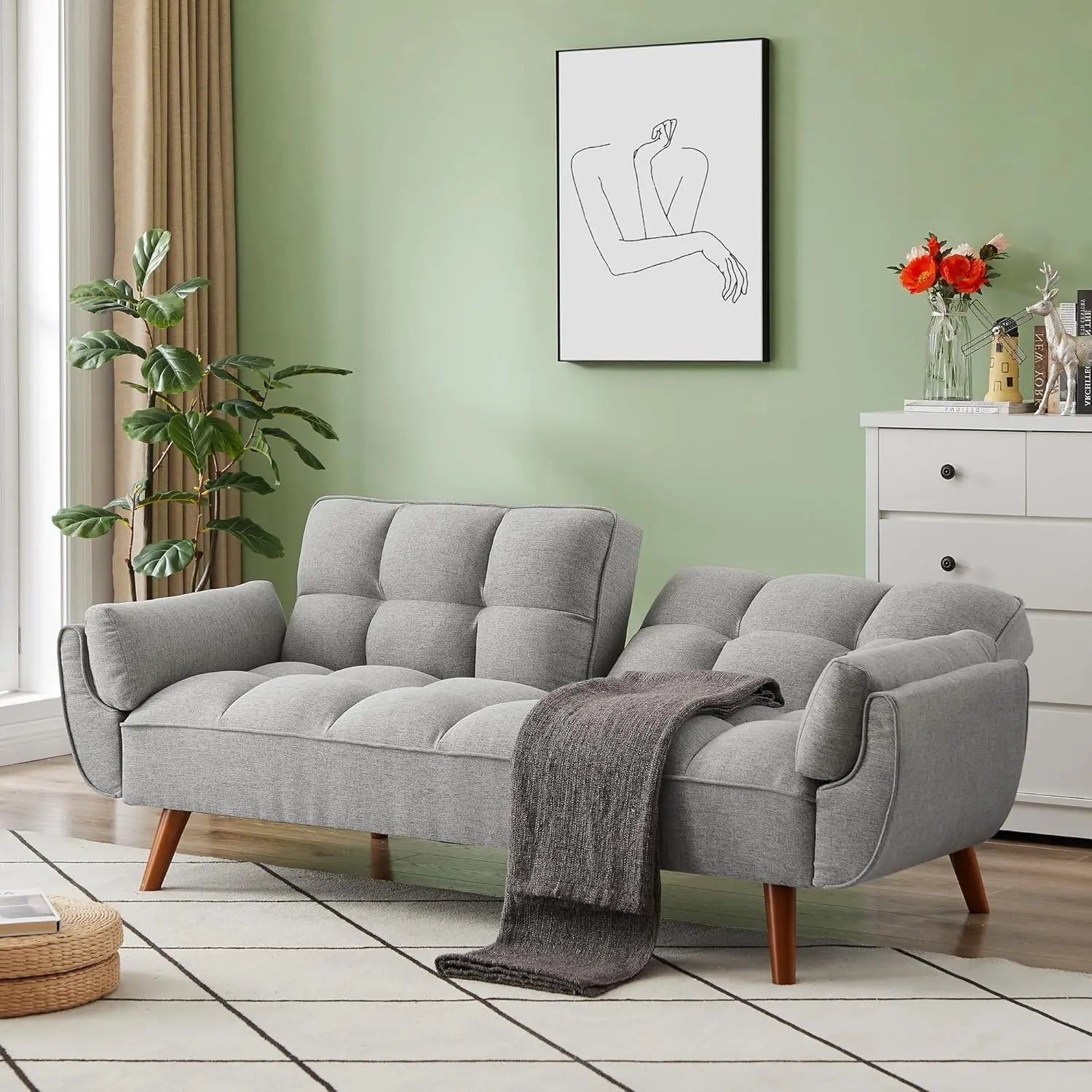 75" Linen Twin Size Futon Sofa Bed. Adjustable Split Backrest