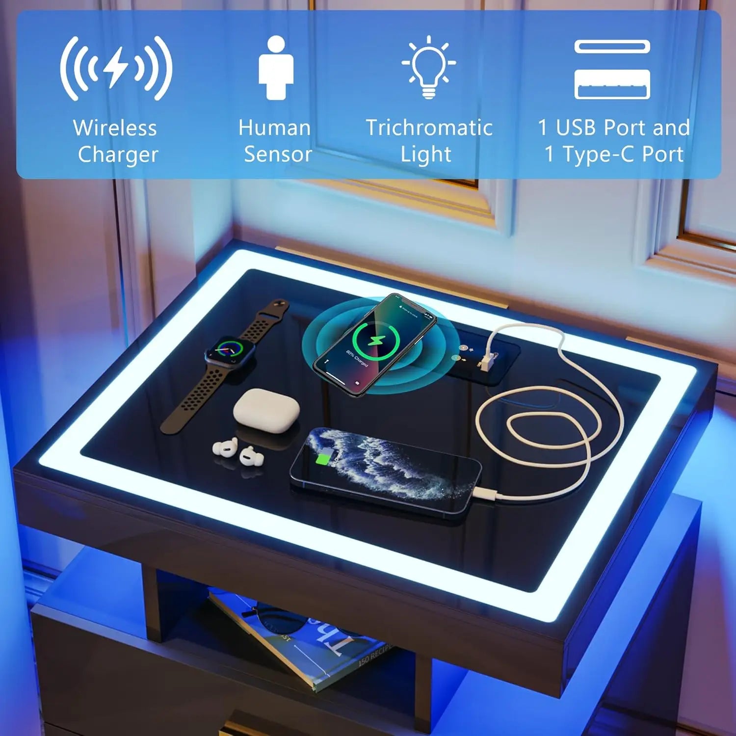 2 Set Nightstands with Wireless Charging Station for Bedroom, Auto Sensor 3 Color Dimmable LED End Table, Modern, Customized