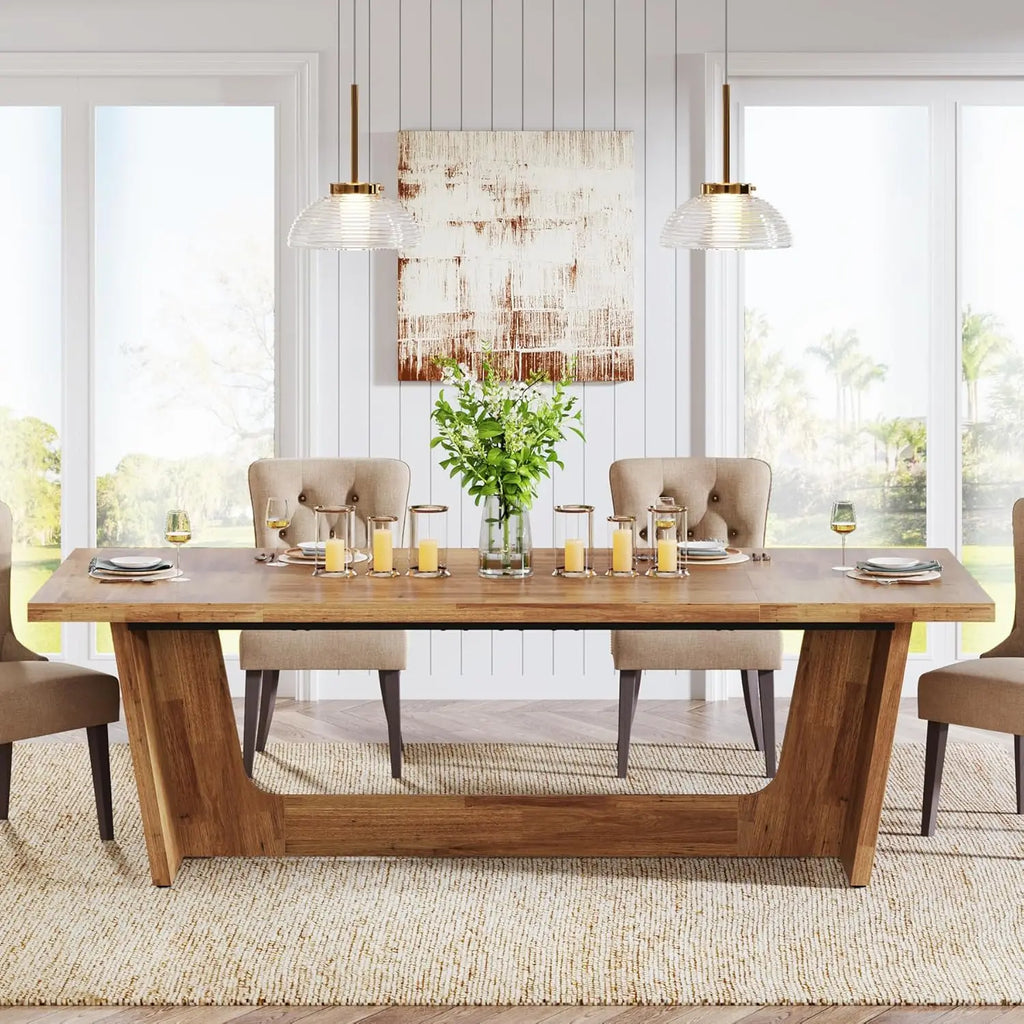 Dining Room Table with Solid Pedestal, Rustic Long Dinner Table