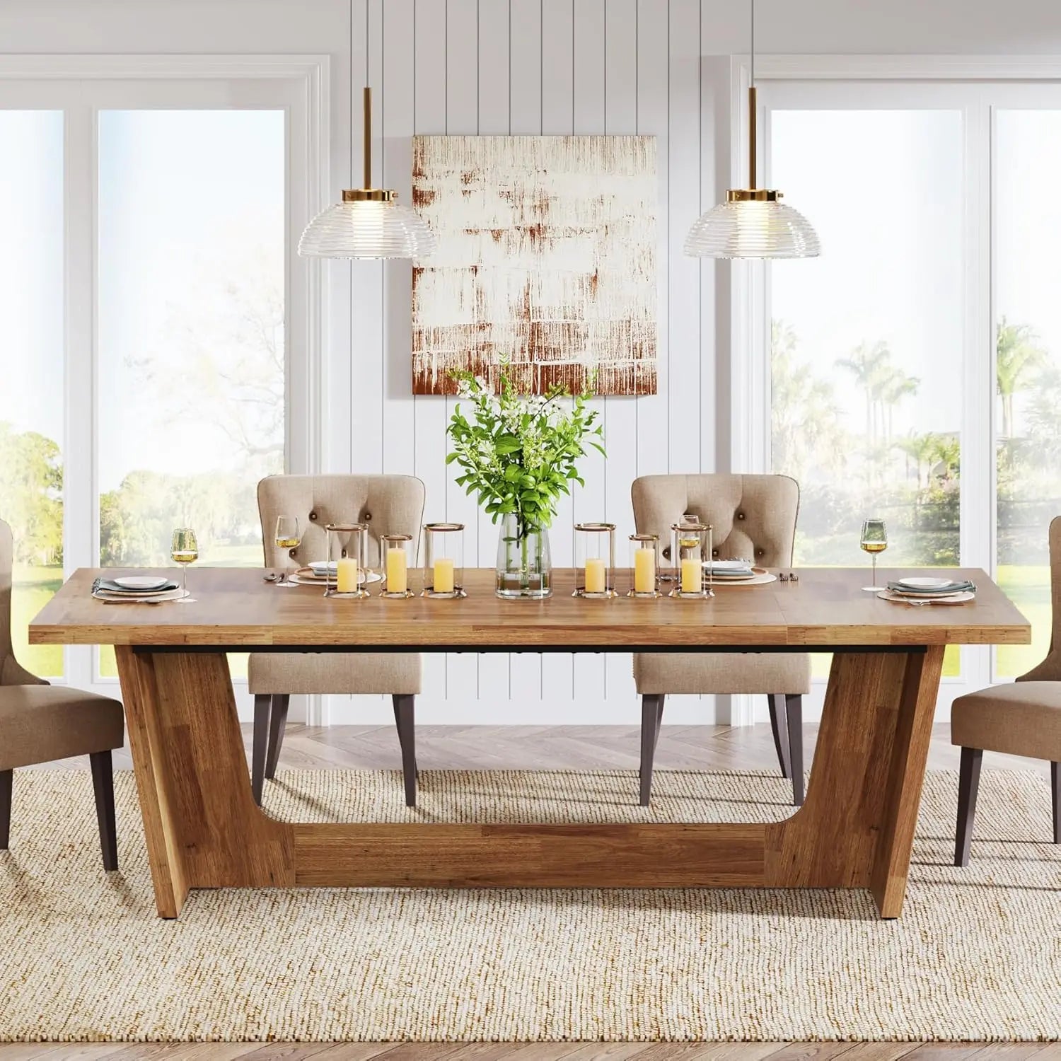 Dining Room Table with Solid Pedestal, Rustic Long Dinner Table