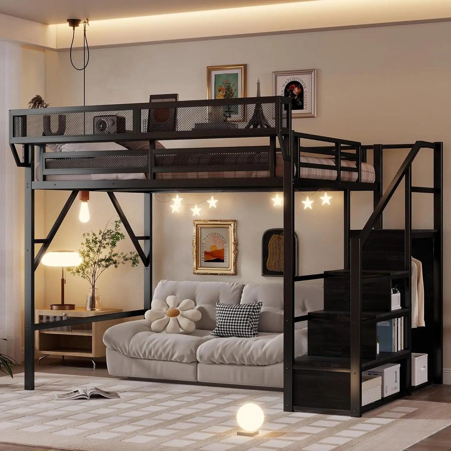 Queen Size Metal Loft Bed Frame With Stairs & Storage,
