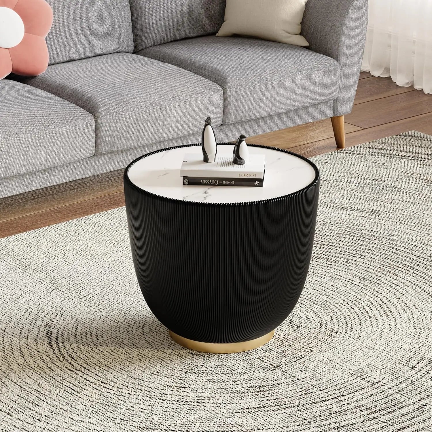 29.52" Grey Round Coffee Table Sintered Stone Top Fluted PU Leather Base