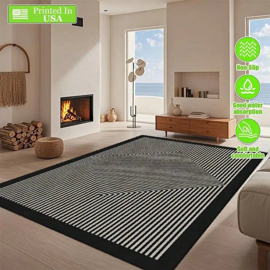 Black Border White Stripe Geometric Pattern Area Rug Non-Slip Rubber Backing.