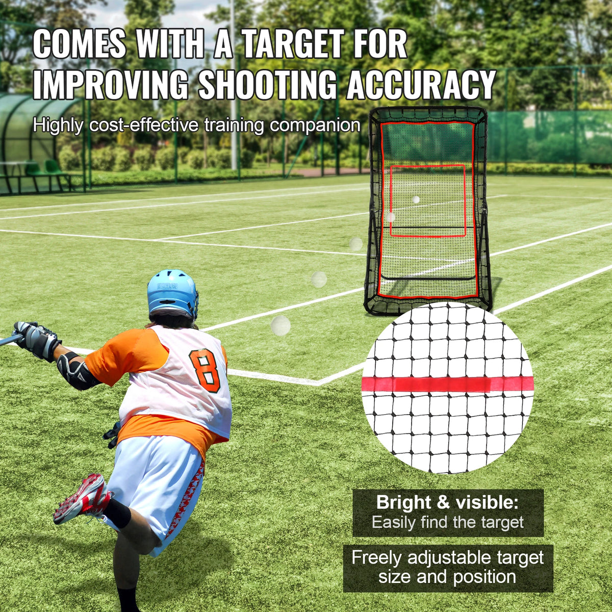 Adjustable lacrosse rebounder supports backyard baseball, softball, and shooting practice.