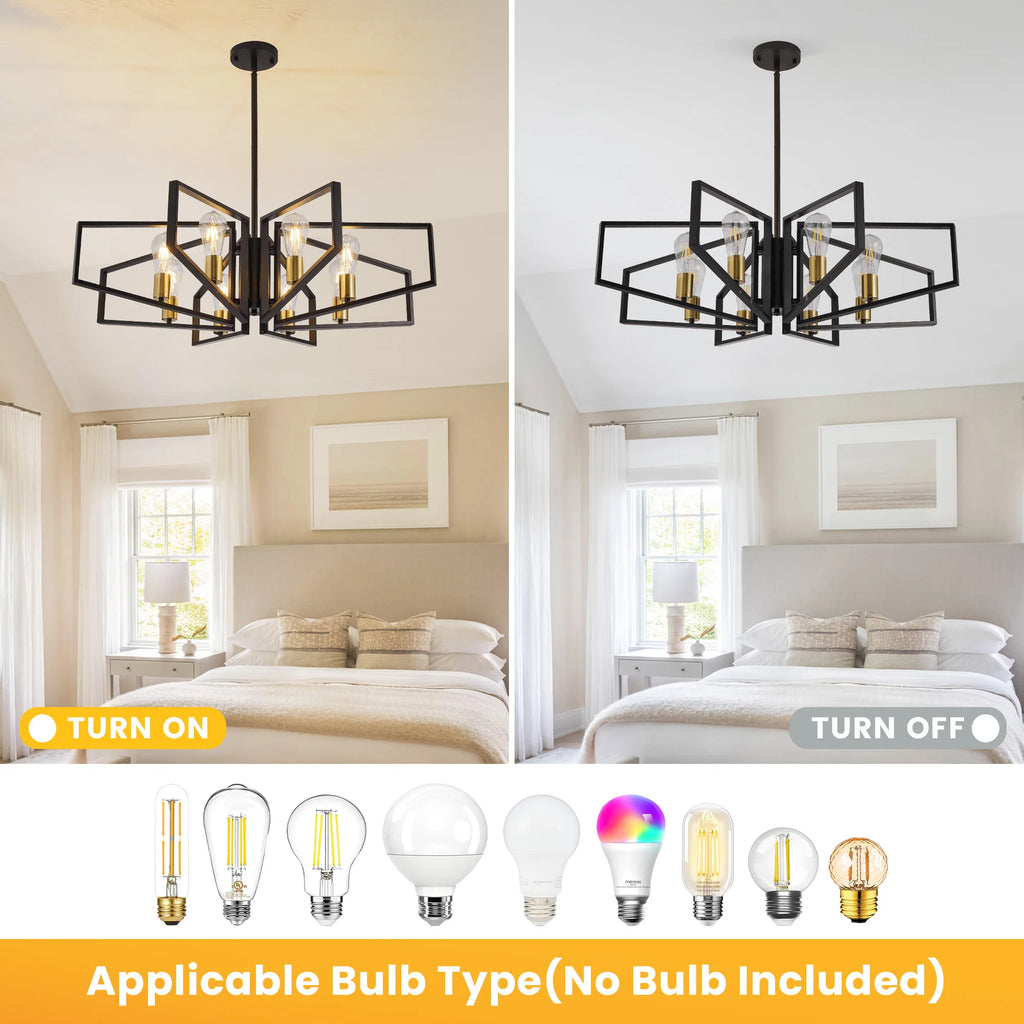 Modern 8-Light Gold and black Geometric Chandelier Adjustable Height Metal Pendant Light