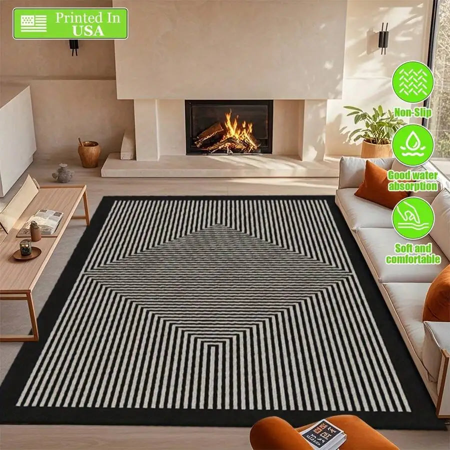 Black Border White Stripe Geometric Pattern Area Rug Non-Slip Rubber Backing.