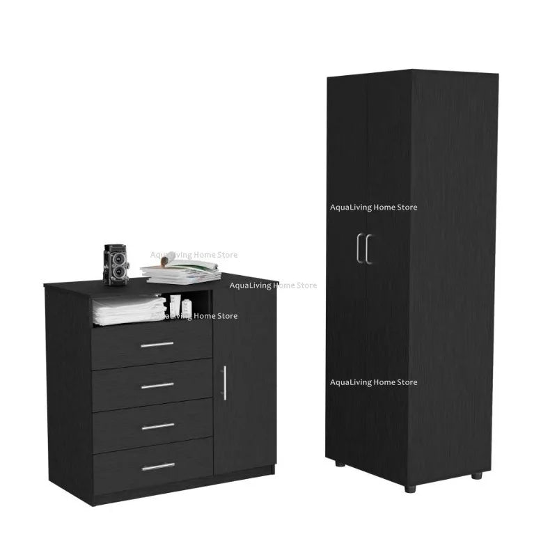 Modern bedroom set combines a spacious wardrobe with four-drawer dresser.