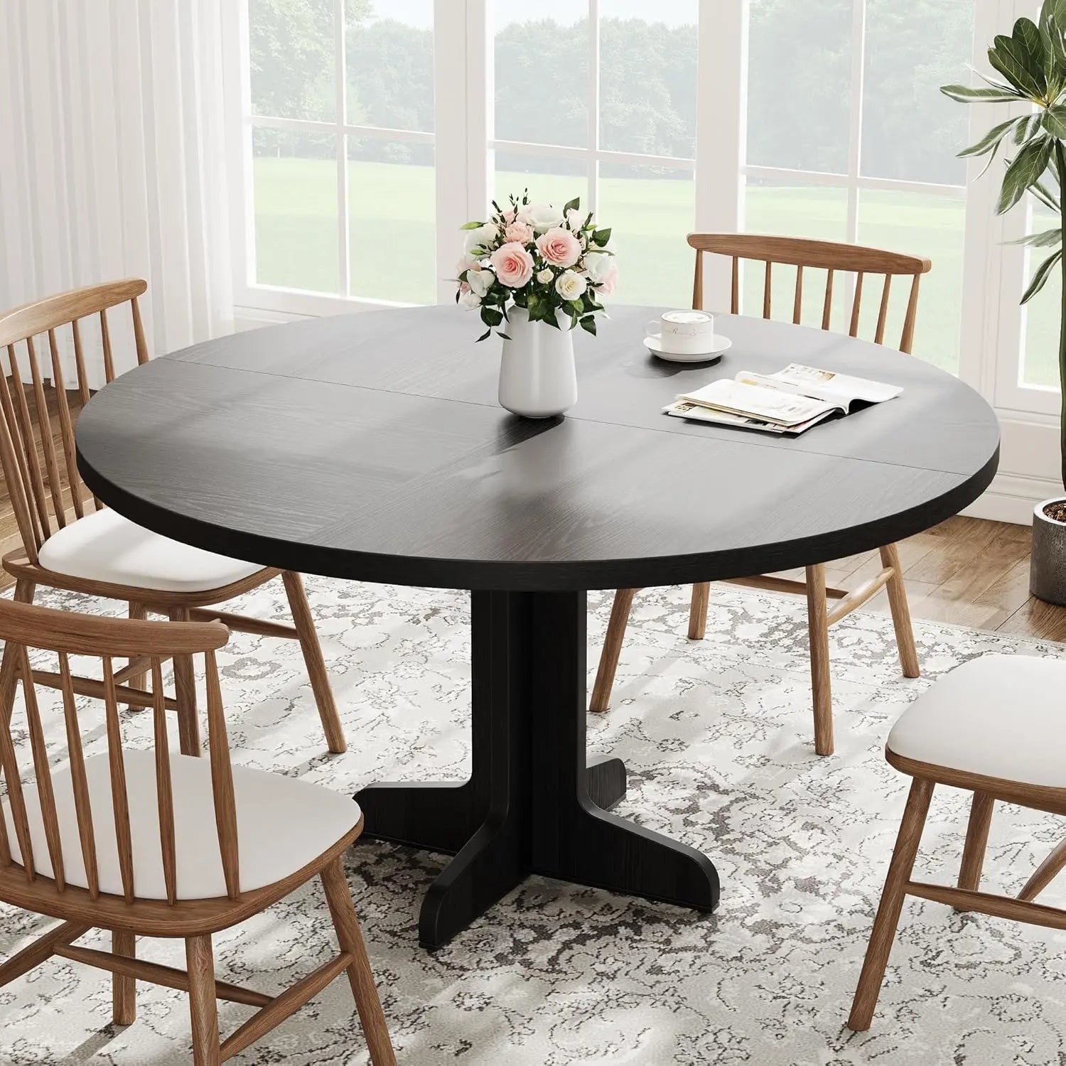 Round Dining Table for 4, 47 Inch Farmhouse with stable base