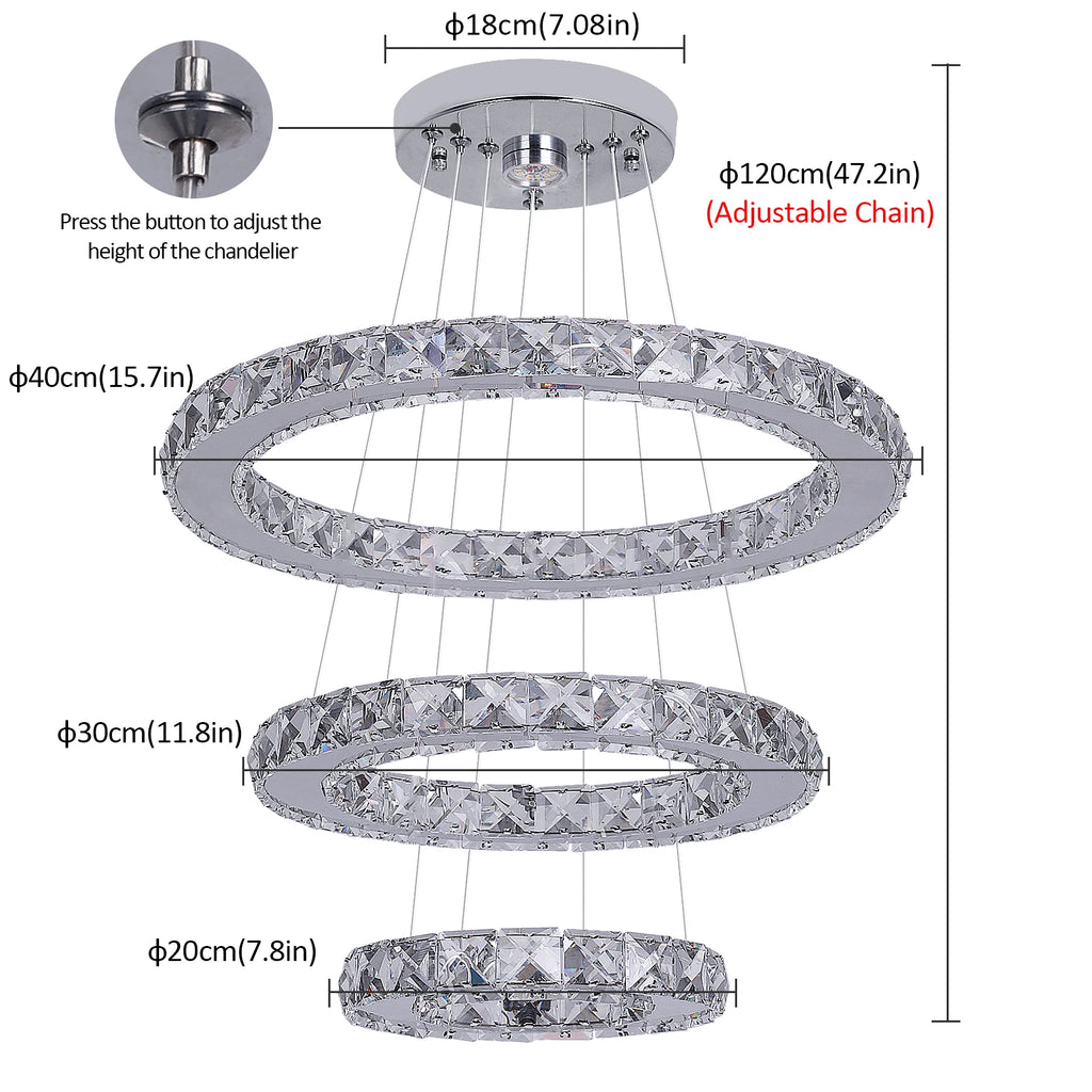 Modern Led Pendant Light Luxury Crystal Rings Dimmable Chandelier