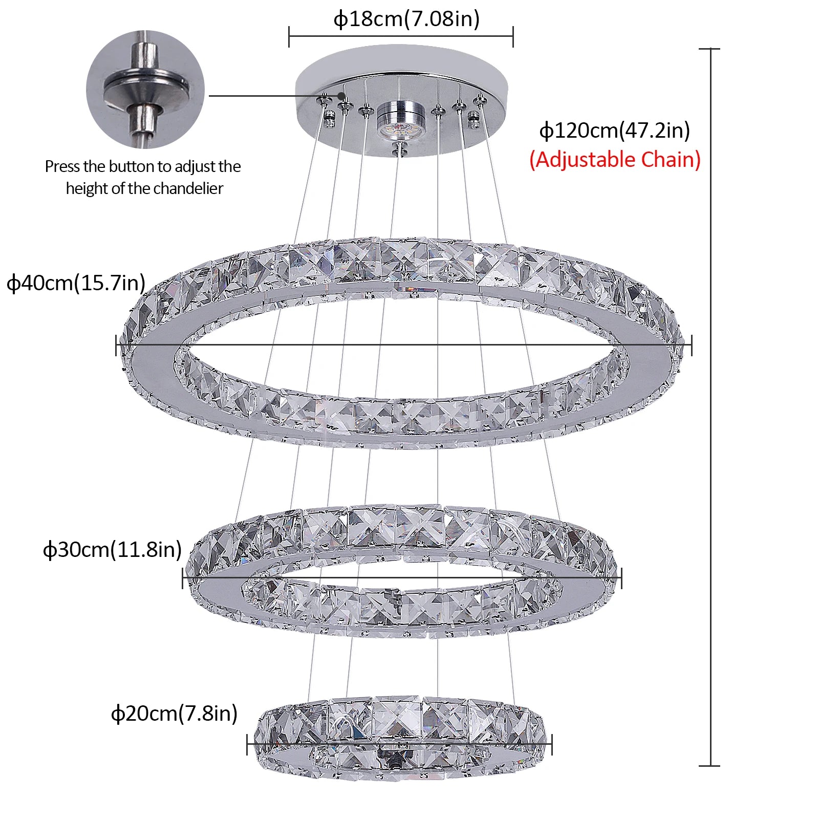 Modern Led Pendant Light Luxury Crystal Rings Dimmable Chandelier