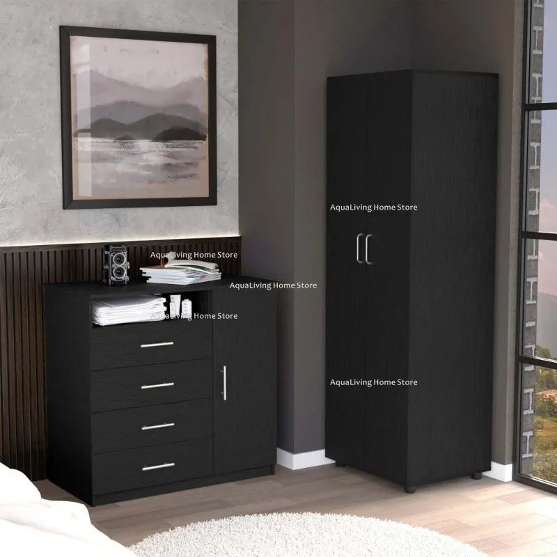 Modern bedroom set combines a spacious wardrobe with four-drawer dresser.