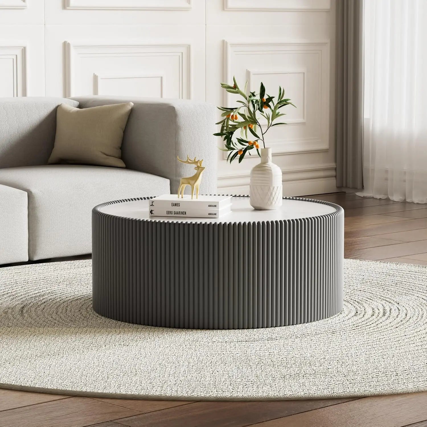 29.52" Grey Round Coffee Table Sintered Stone Top Fluted PU Leather Base