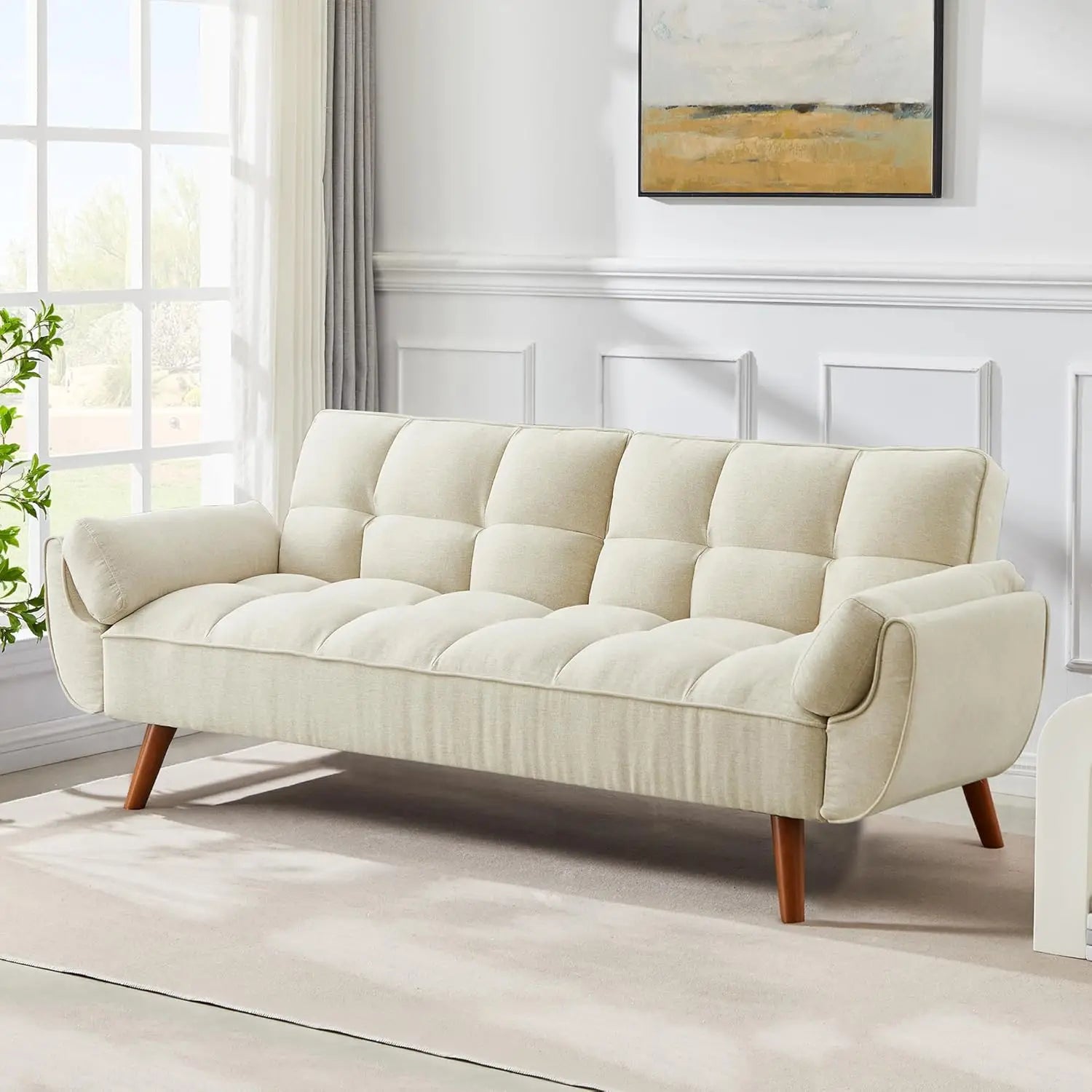 75" Linen Twin Size Futon Sofa Bed. Adjustable Split Backrest