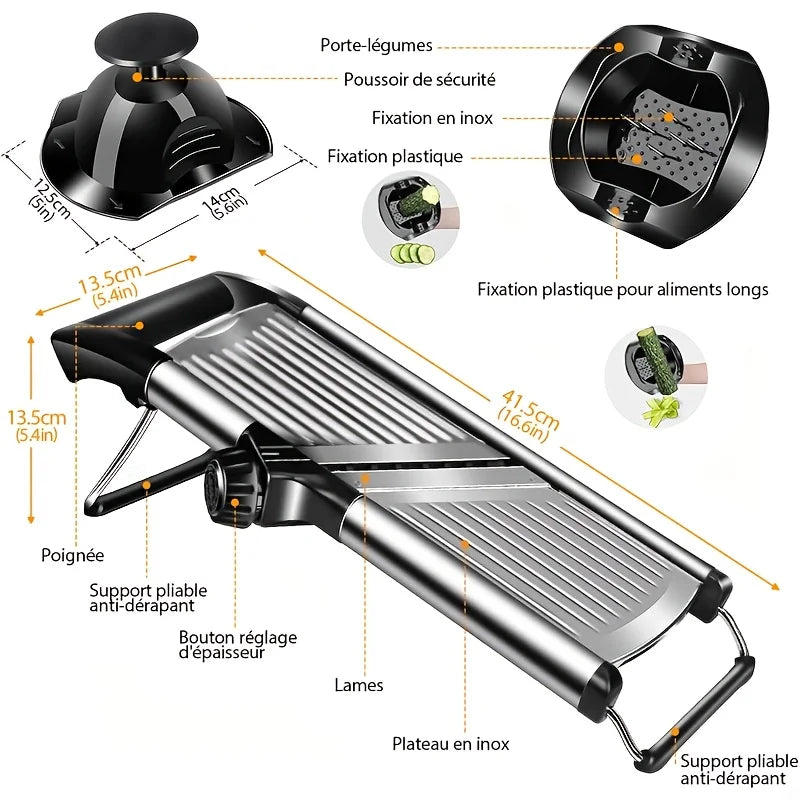 Stainless Steel Slicer /5 Blades & Holder - Safe Hand Guard Food Chopper.