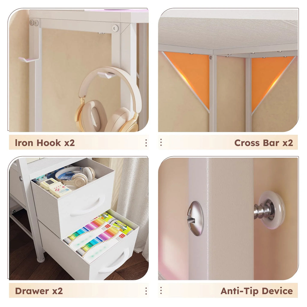 Corner gaming desk includes outlets, LED lights, drawers, shelves, hooks.
