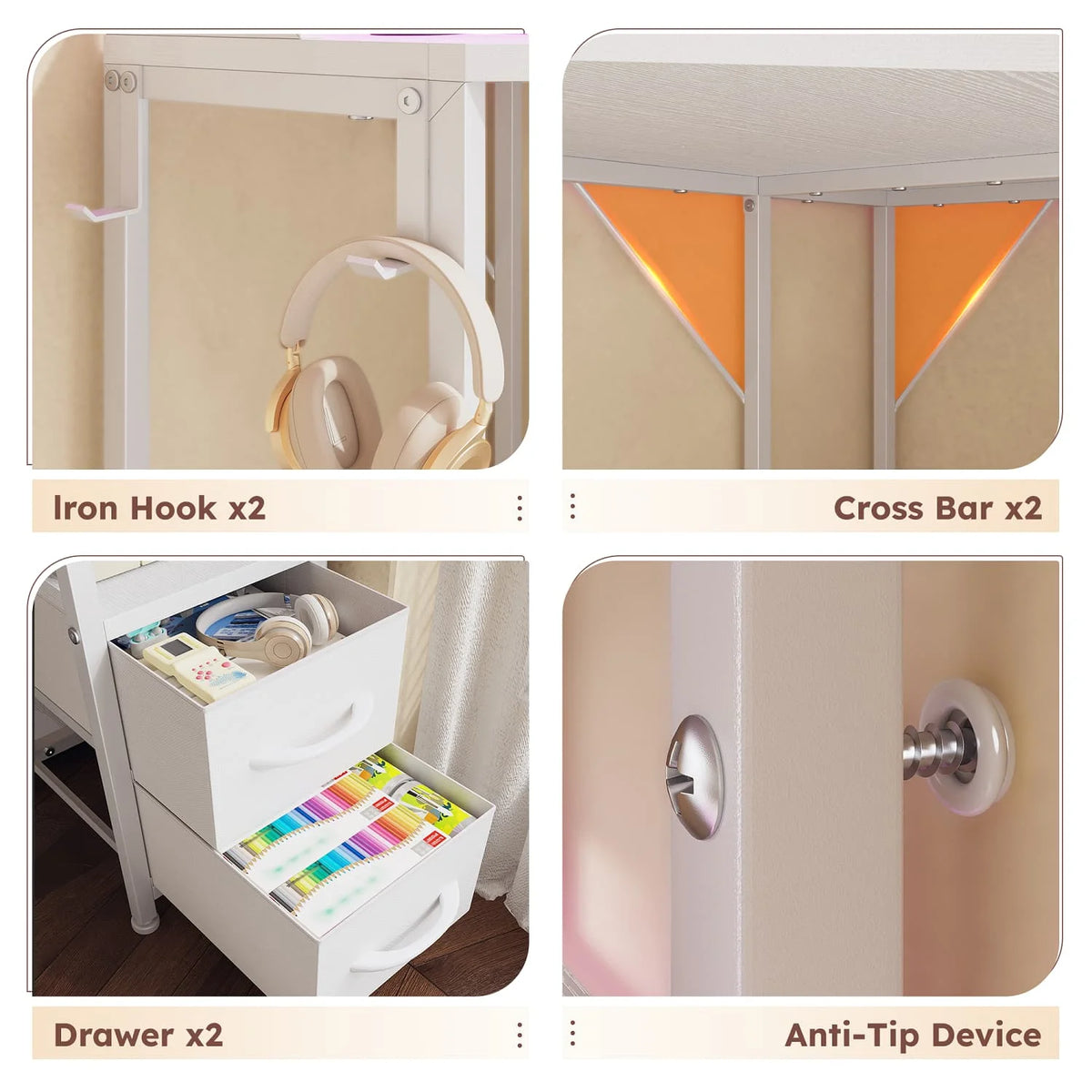 Corner gaming desk includes outlets, LED lights, drawers, shelves, hooks.