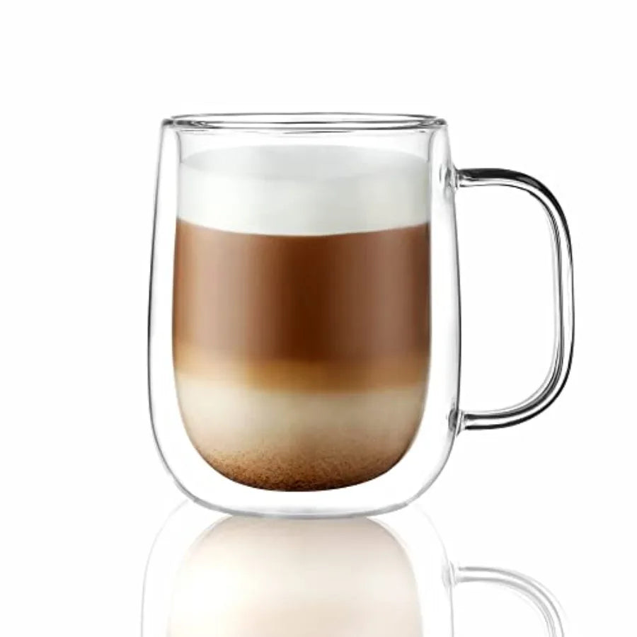 Glass Coffee Mugs 12oz, Double Wall Insulated Mug Set with Handle