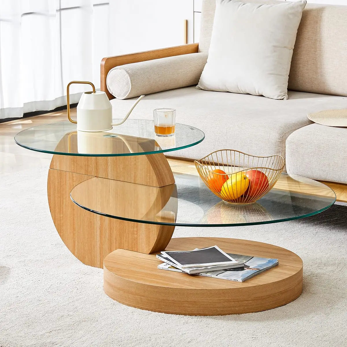 35" Round Tempered Glass Coffee Table. 3-Tier Design. Black Wooden Base.