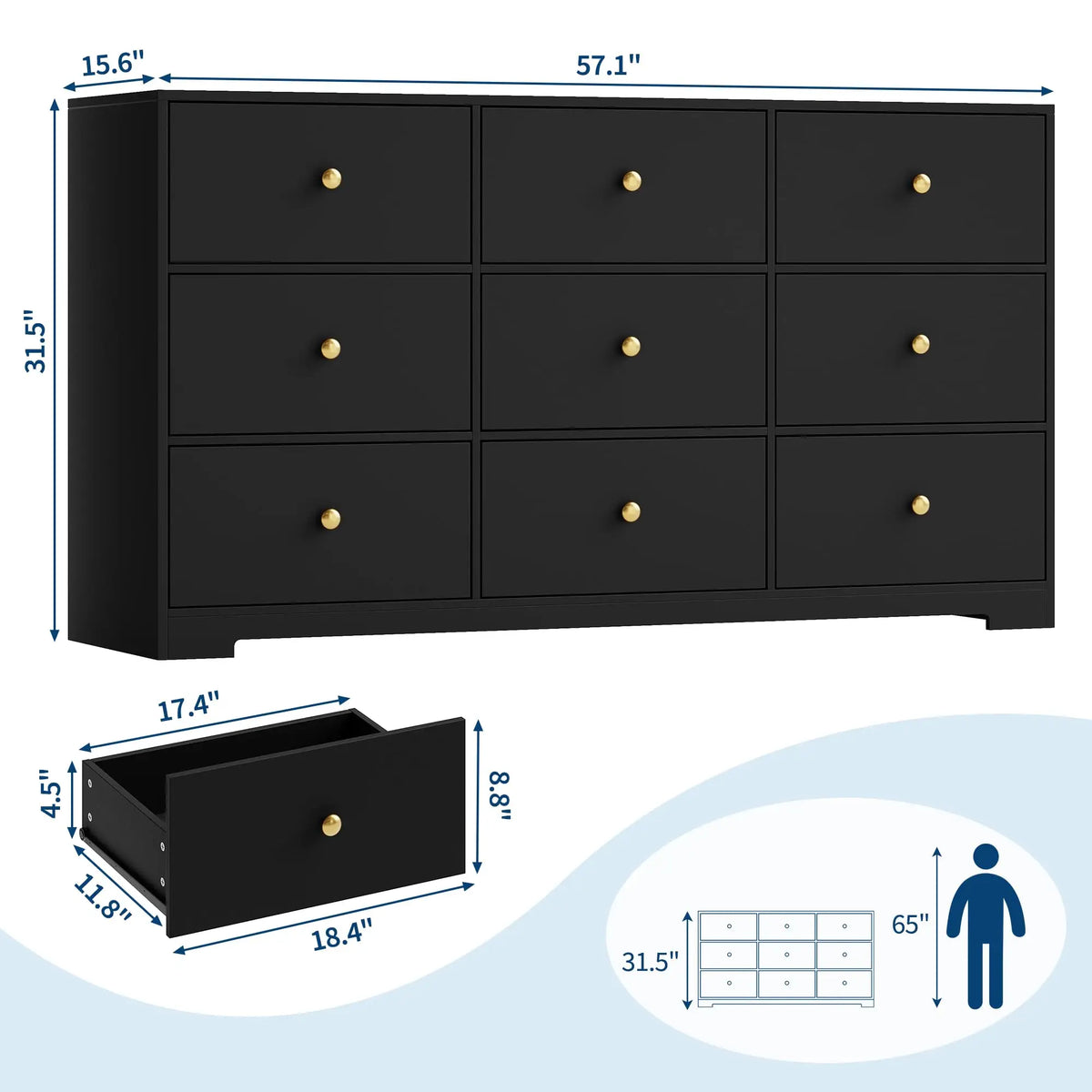 Wide nine-drawer dresser provides modern wood storage with elegant gold handles.