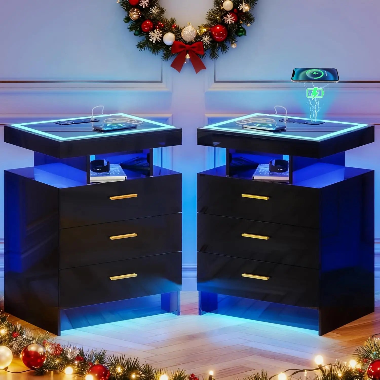 2 Set Nightstands with Wireless Charging Station for Bedroom, Auto Sensor 3 Color Dimmable LED End Table, Modern, Customized