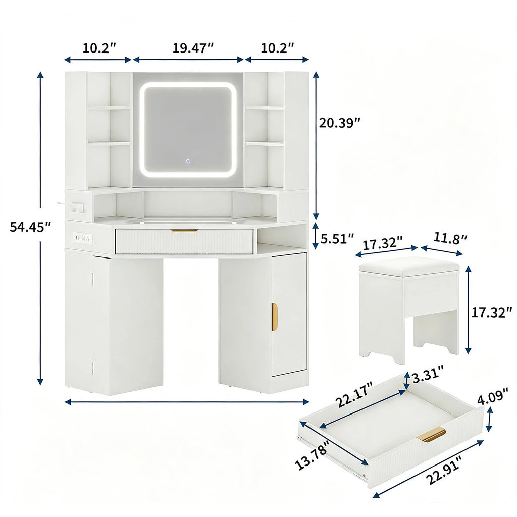 Corner vanity features a lighted mirror, glass top, charging station, and drawers.