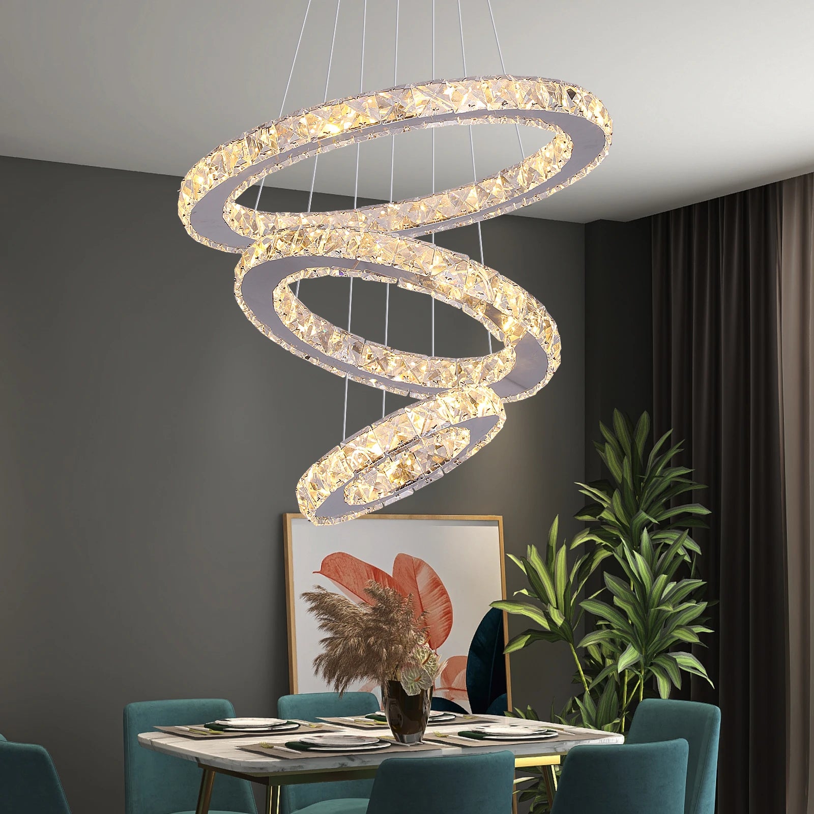 Modern Led Pendant Light Luxury Crystal Rings Dimmable Chandelier