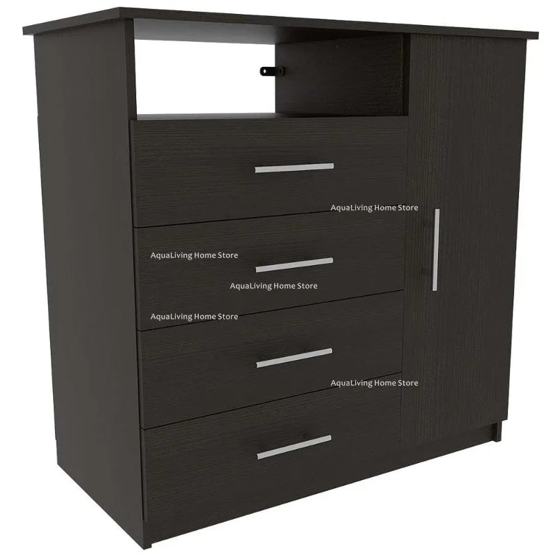 Modern bedroom set combines a spacious wardrobe with four-drawer dresser.