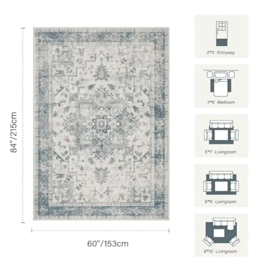 Area Rugs 5x7, Washable Rugs, Vintage Boho Light Blue Rug.