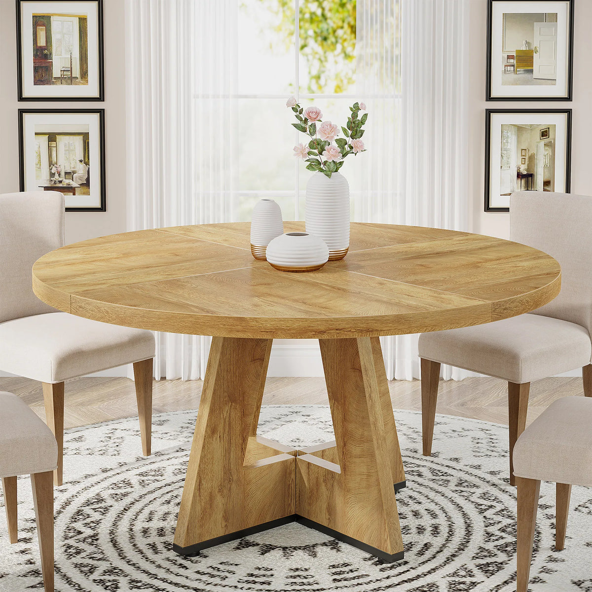 Round Dining Table for 4, 47 Inch Farmhouse Kitchen
