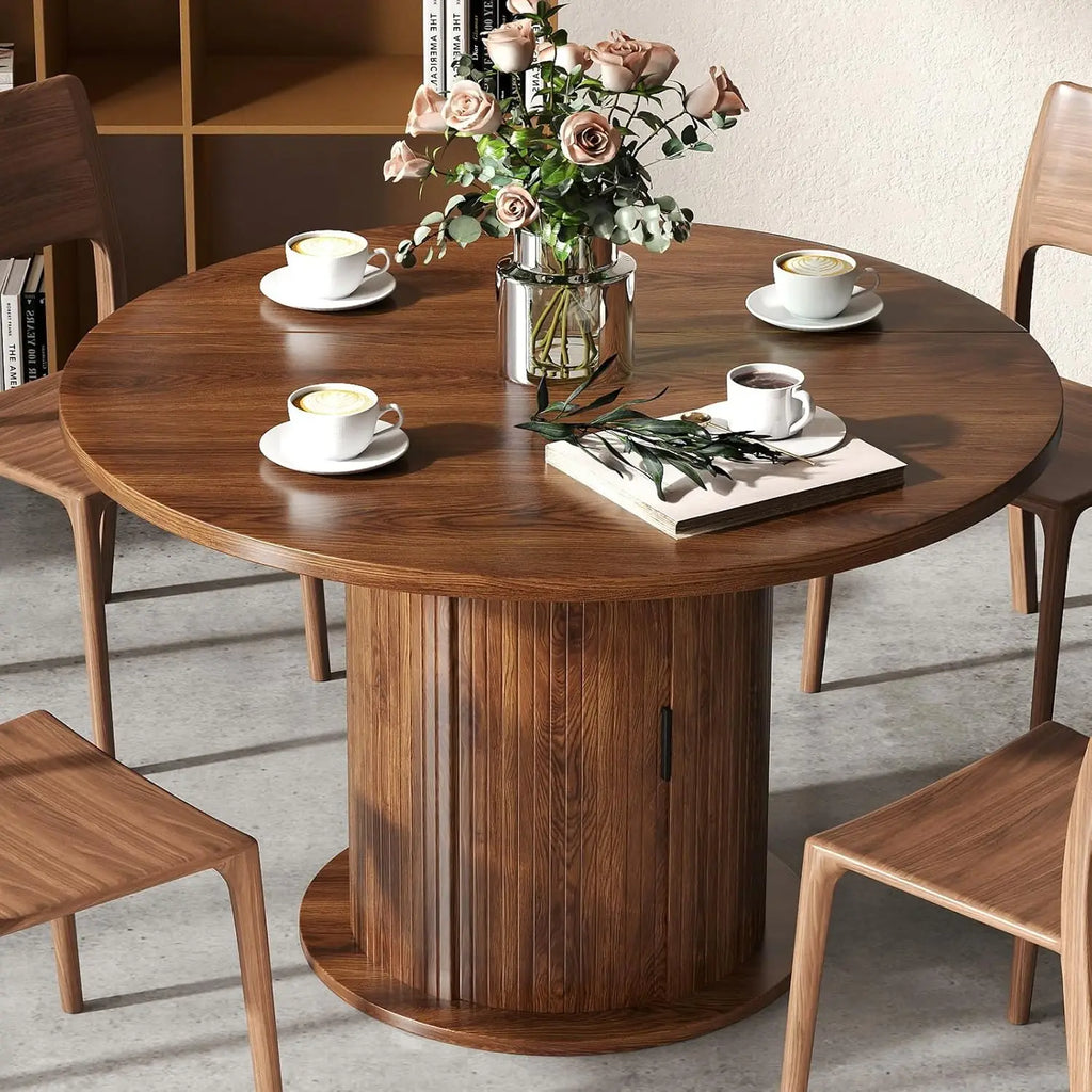 47" Round Dining Table with Storage, Wood Strip Base