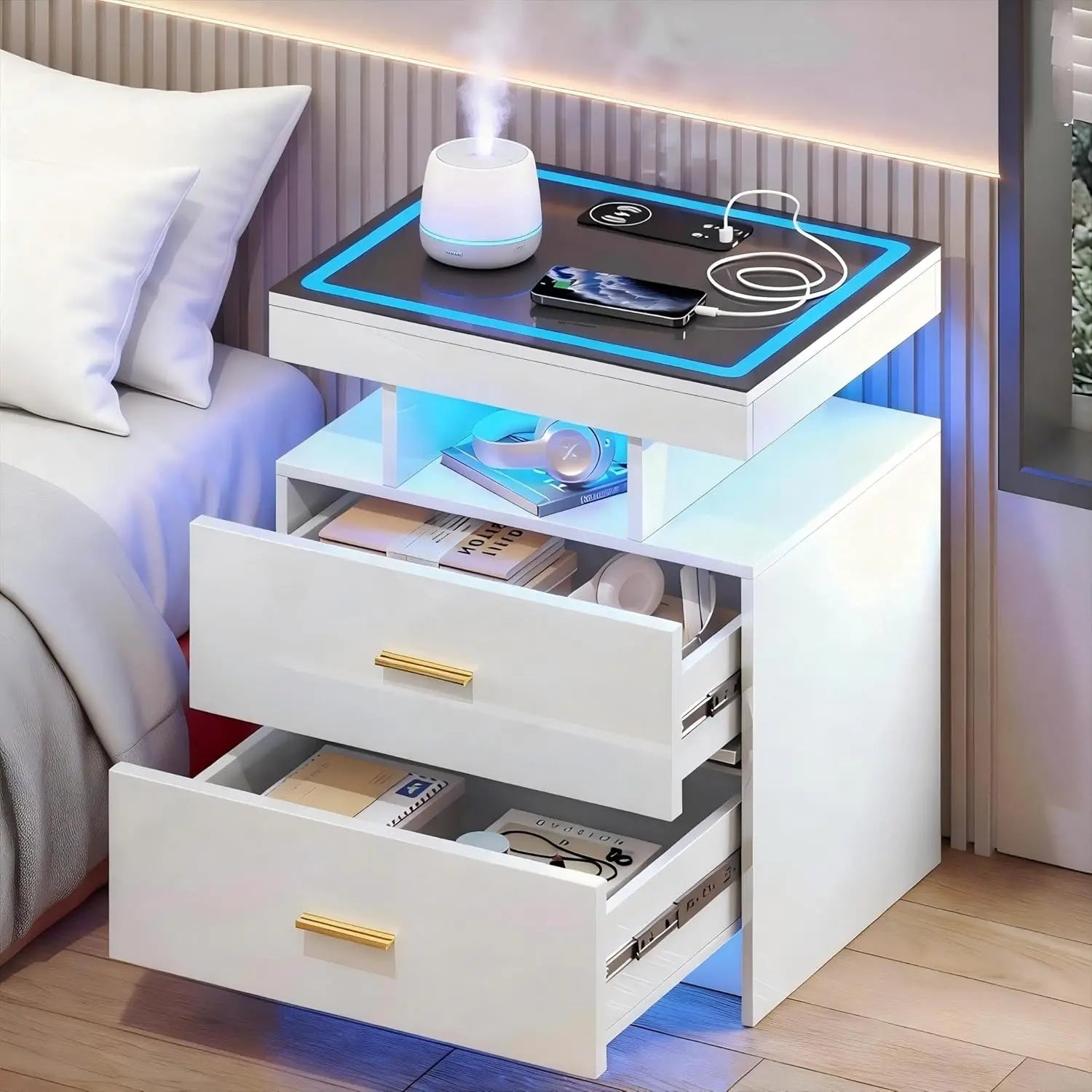 2 Set Nightstands with Wireless Charging Station for Bedroom, Auto Sensor 3 Color Dimmable LED End Table, Modern, Customized