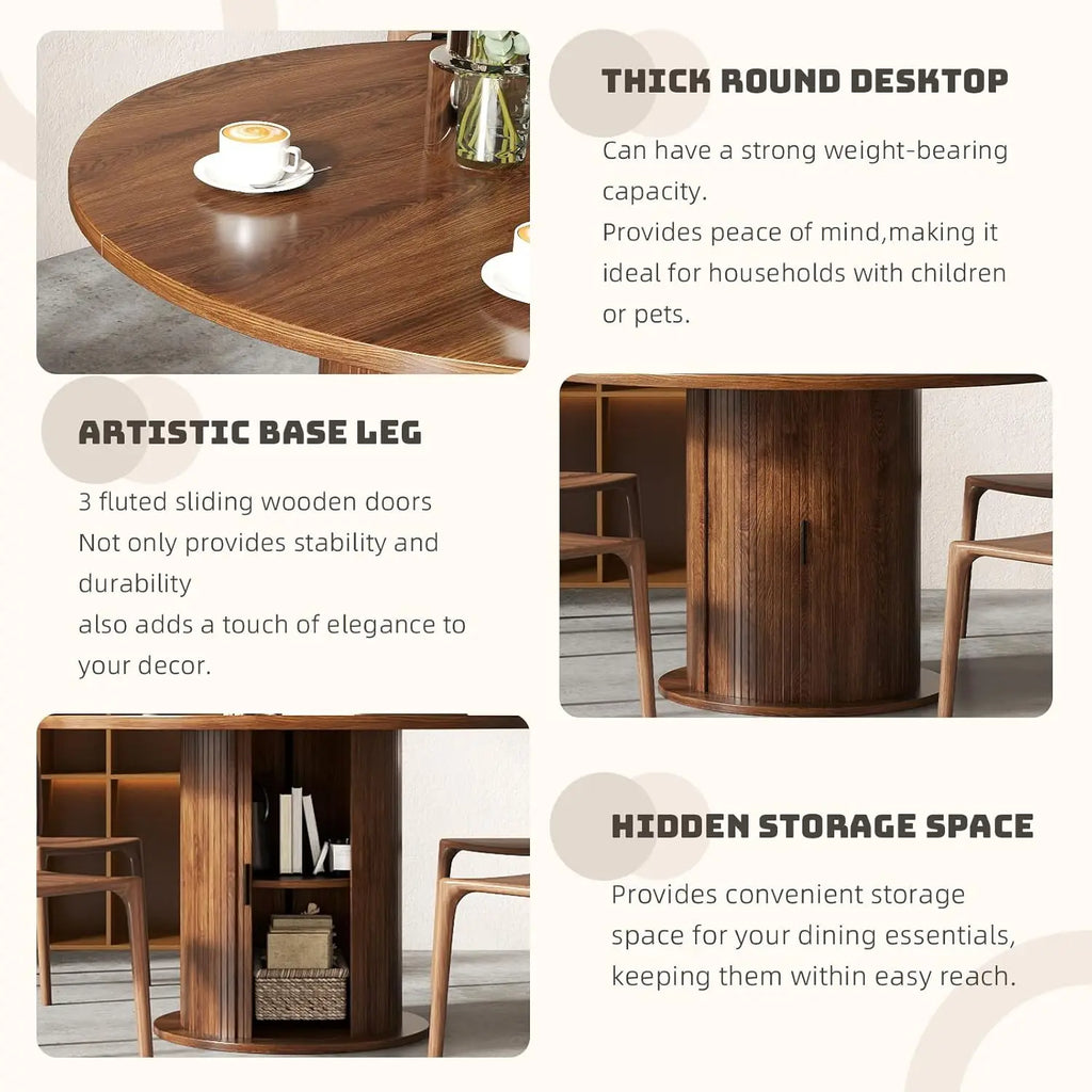 47" Round Dining Table with Storage, Wood Strip Base