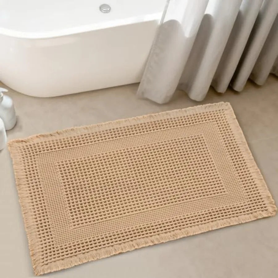 Washable Waffle Bath Mat, Super Absorbent Non Slip Bathroom Boho Rug with Tassels,