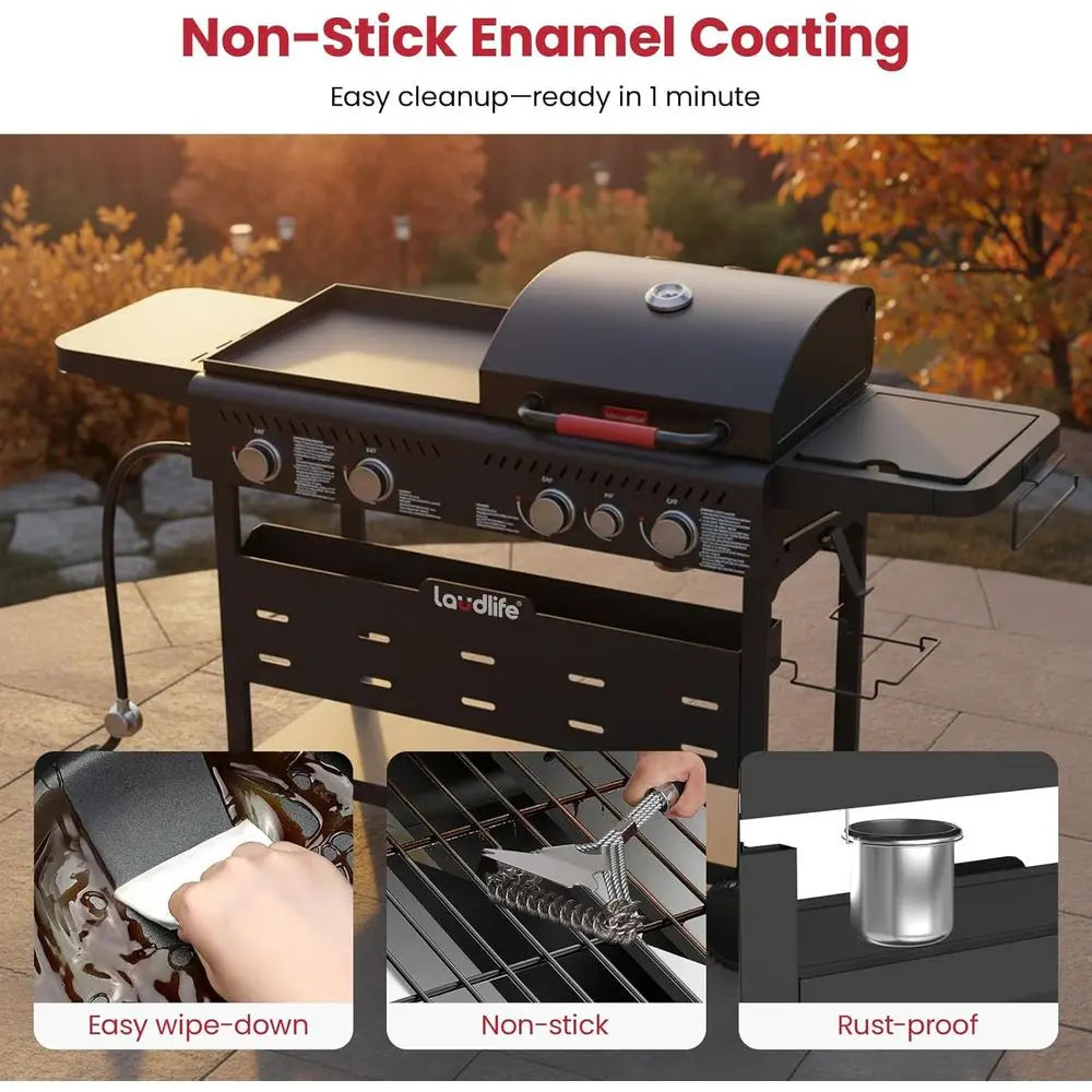 5-Burner Propane Grill Griddle Combo with Side Burner, Triple-Zone BBQ Gas Grill,