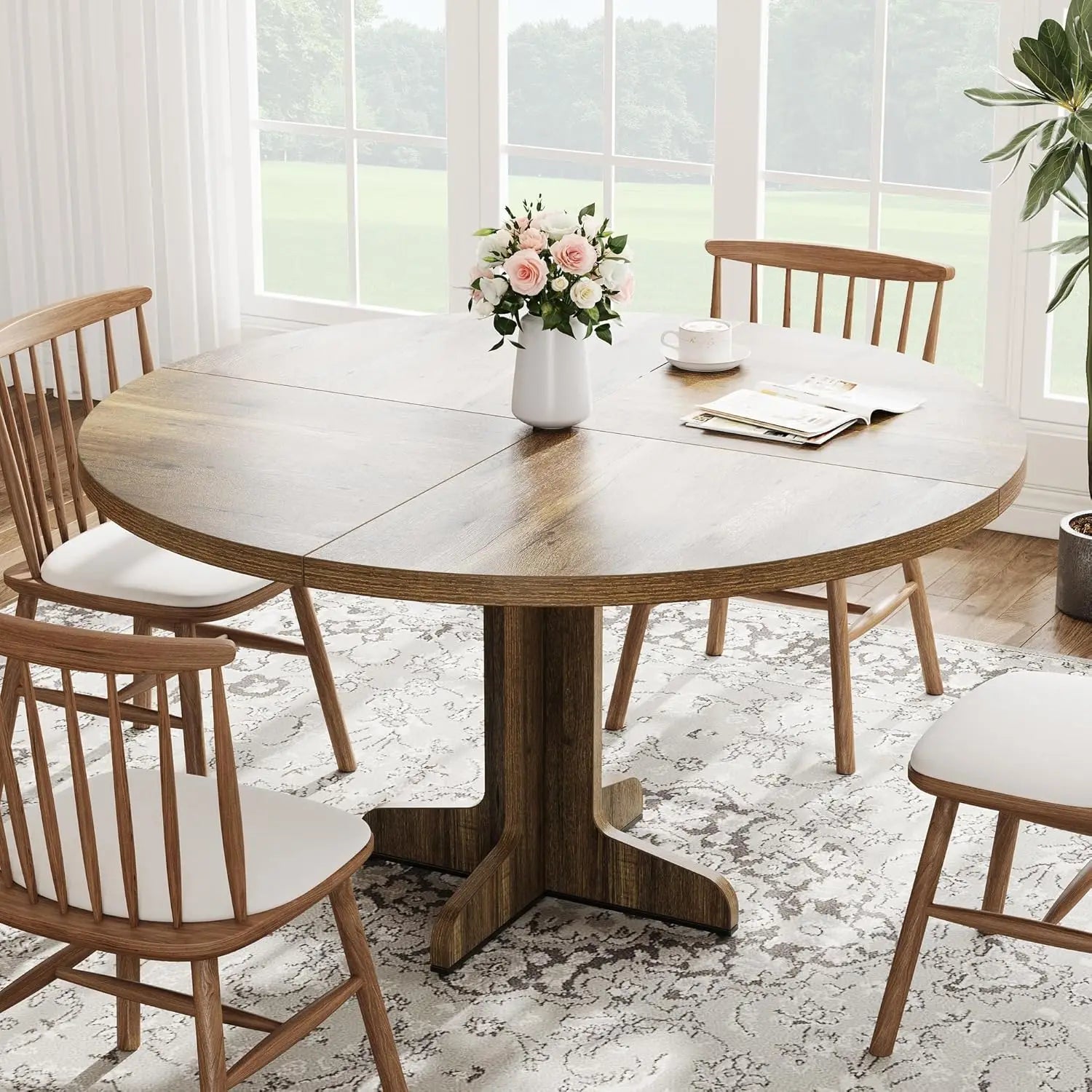 Round Dining Table for 4, 47 Inch Farmhouse with stable base