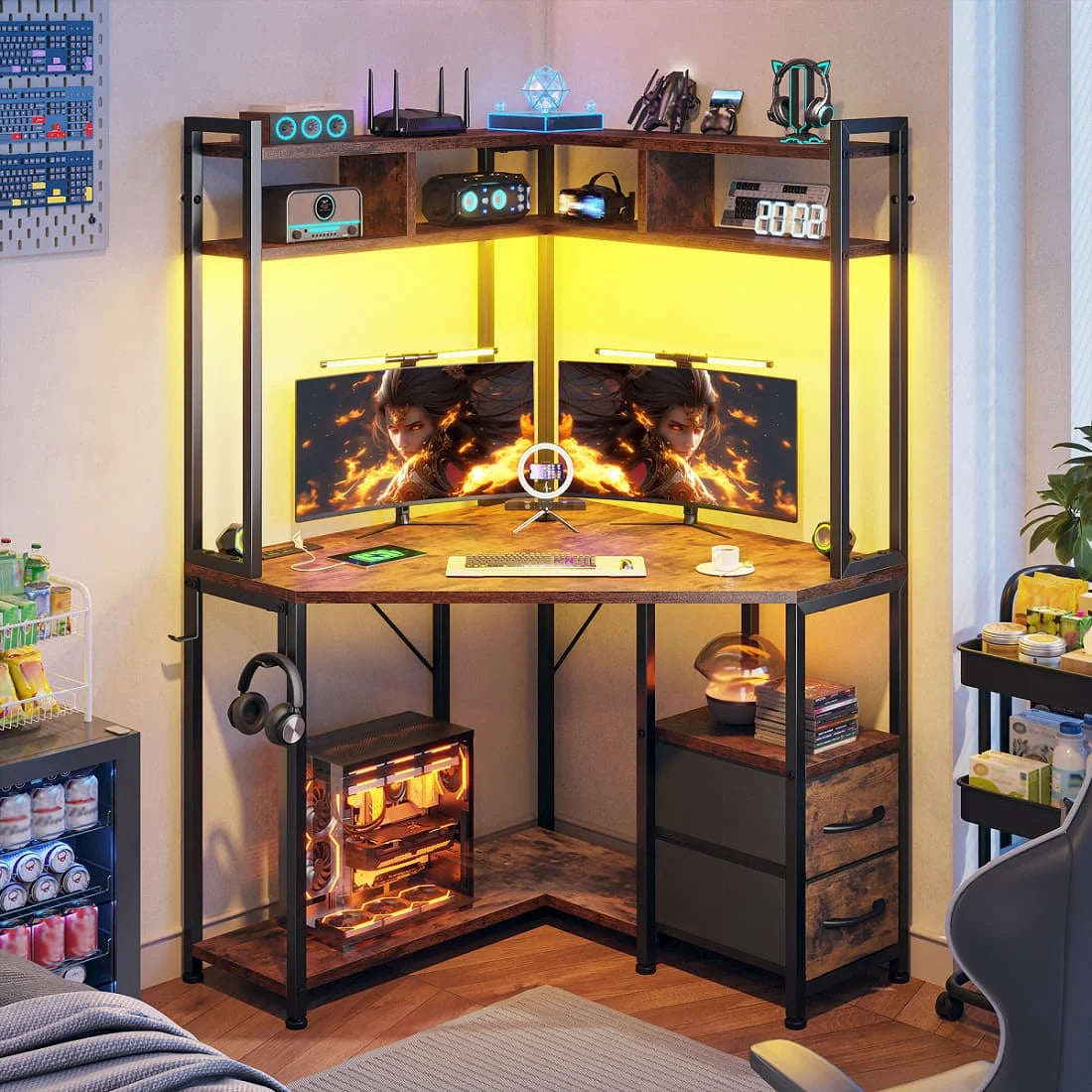 Corner gaming desk includes outlets, LED lights, drawers, shelves, hooks.