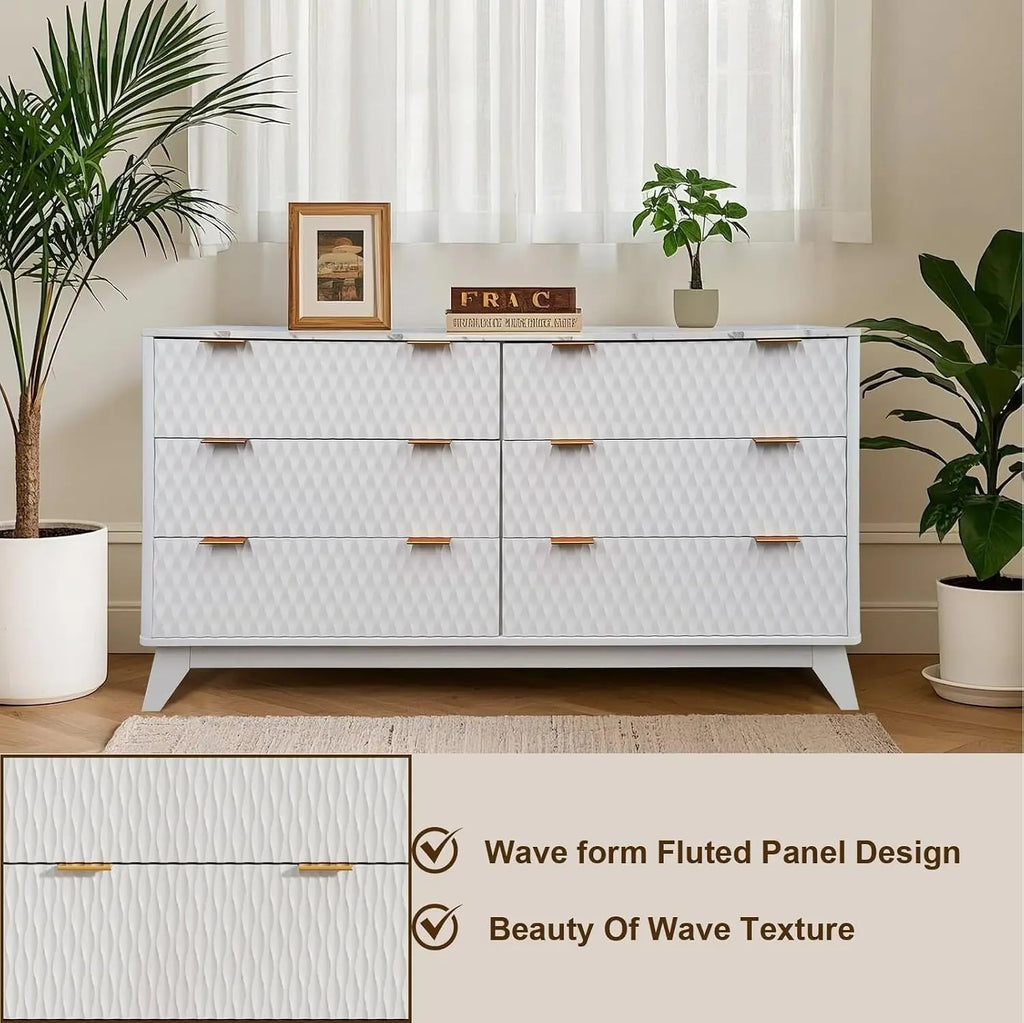 Modern fluted dresser offers six drawers, faux marble top, and versatile storage