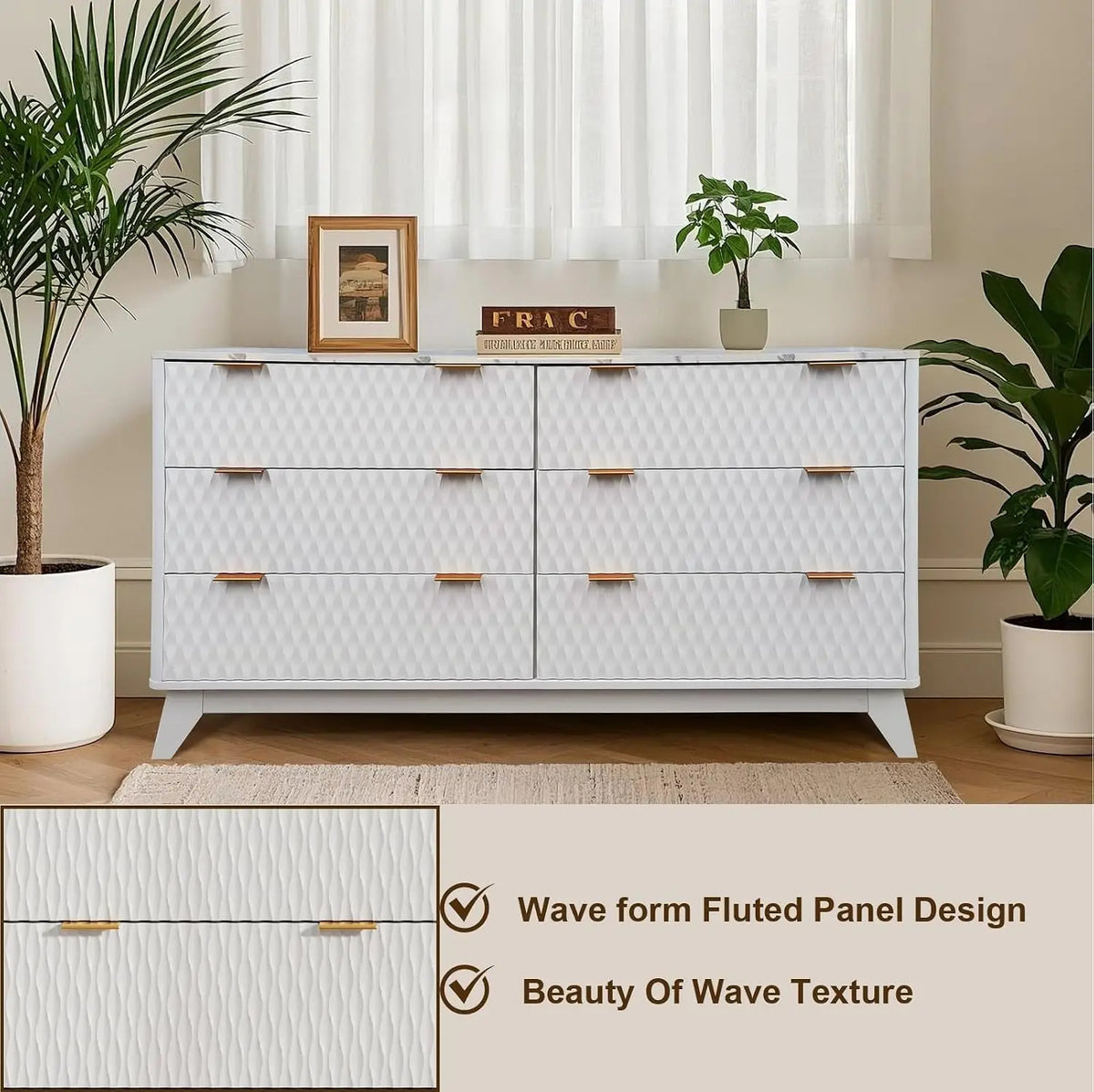 Modern fluted dresser offers six drawers, faux marble top, and versatile storage